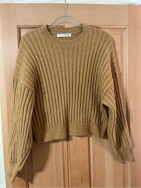 Sophie Rue Ribbed Cropped Crew Sweater in Camel Brown